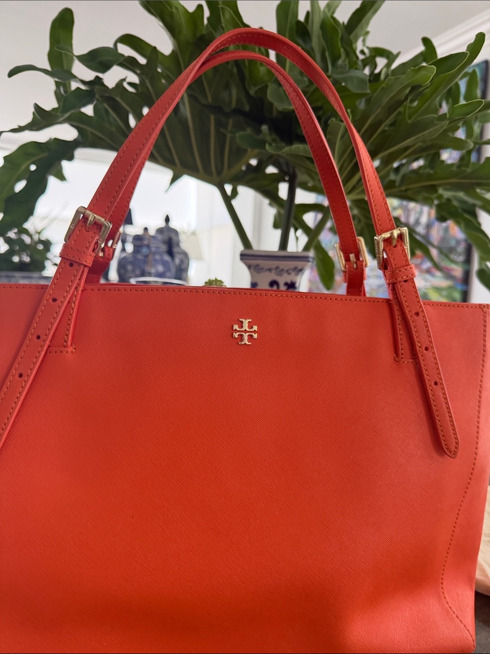 Tory Burch Orange Robinson Leather Tote Bag